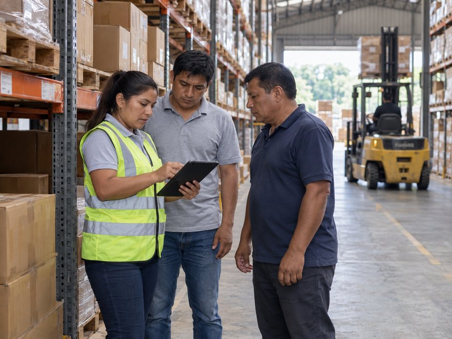 Personal revisando el inventario de un almacén con una tablet