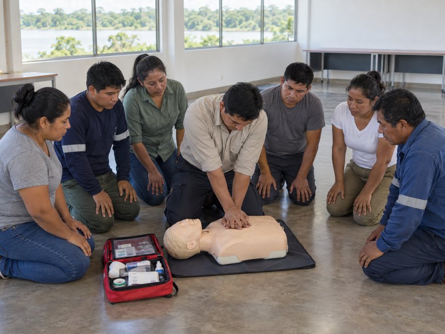 Práctica de reanimación cardiopulmonar con maniquí en un taller de primeros auxilios