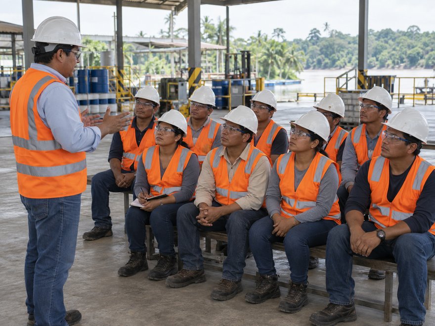 Trabajadores con casco y chaleco en una charla de seguridad y salud en el trabajo